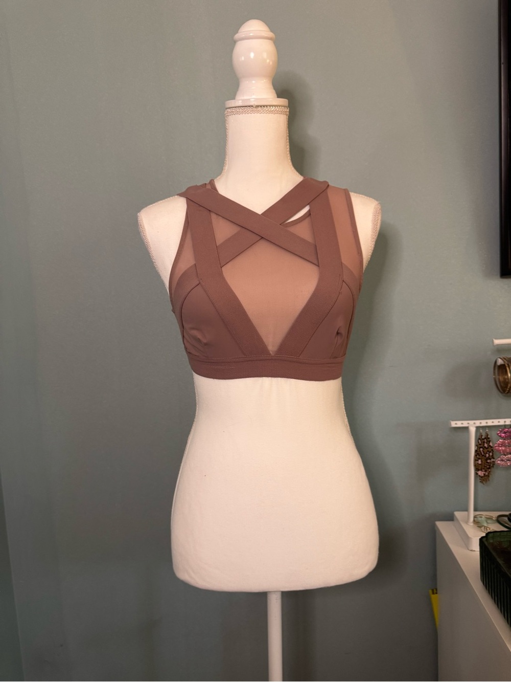 Alo Strappy Sheer Blush Cross-Strap Mesh Bralette in Mauve Pink Small